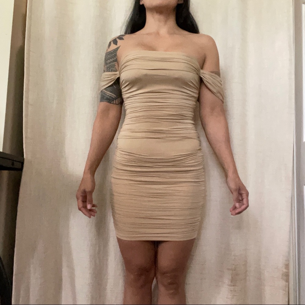 WINDSOR Nude ruched off shoulder dress
